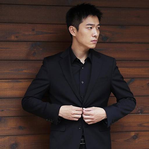 Photograph of a young Asian man with short black hair, wearing a black suit and shirt, standing against a wooden wall, hands adjusting his jacket buttons