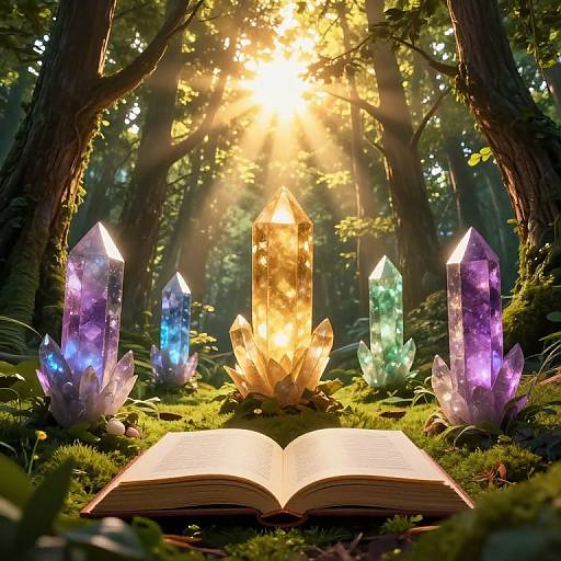 Photorealistic digital art of an open book surrounded by glowing, colorful crystals in a sunlit, enchanted forest. Light filters through trees, illuminating