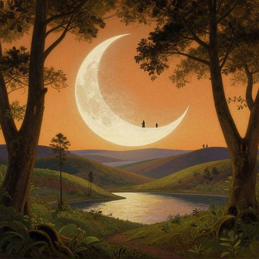 Digital painting of a serene forest landscape at sunset, featuring a glowing crescent moon, two silhouetted birds, and a reflective lake.