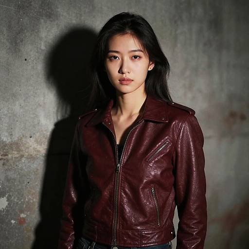 Photograph of an Asian woman with long black hair, wearing a dark maroon leather jacket, standing against a textured, gray concrete wall, casting a