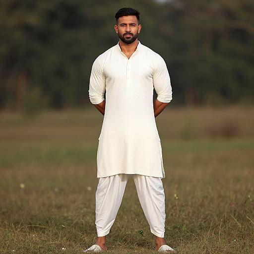 Photograph of a bearded man with medium build, short black hair, wearing a white traditional kurta and pajama, standing confidently in a grass