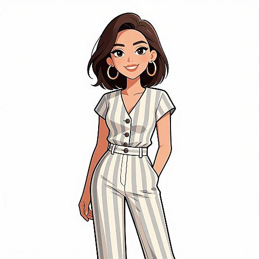 Digital illustration of a smiling woman with short brown hair, wearing white and gray striped pantsuit, large hoop earrings, and belted waist.