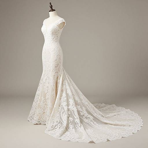 Photograph of an elegant, lace wedding dress on a mannequin, featuring a fitted bodice, mermaid silhouette, and a long, flowing