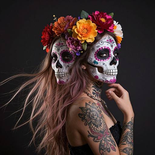 Photograph of a tattooed woman with long pinkish-brown hair, wearing a colorful floral skull mask and black lace top, against a black background