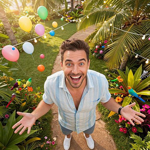 Photograph of a smiling, brown-haired man in a light blue shirt and white sneakers, standing on a garden path with colorful balloons and festive decorations in