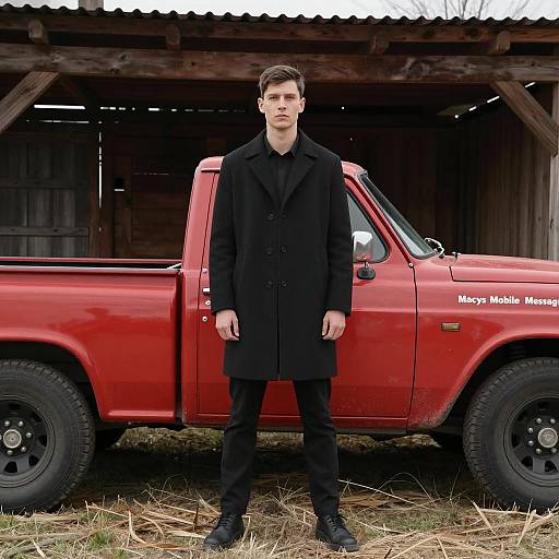 Man in Black Overcoat by Red Vintage Pickup Truck