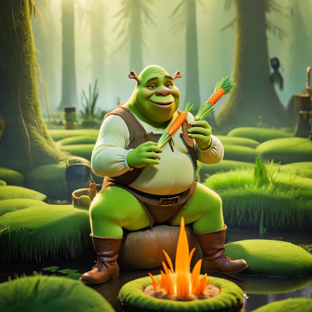 Shrek Enjoying a Carrot in Swamp