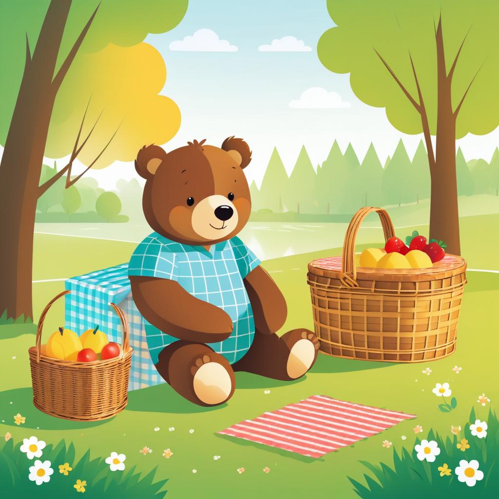 Cute Bear by Picnic Basket Illustration