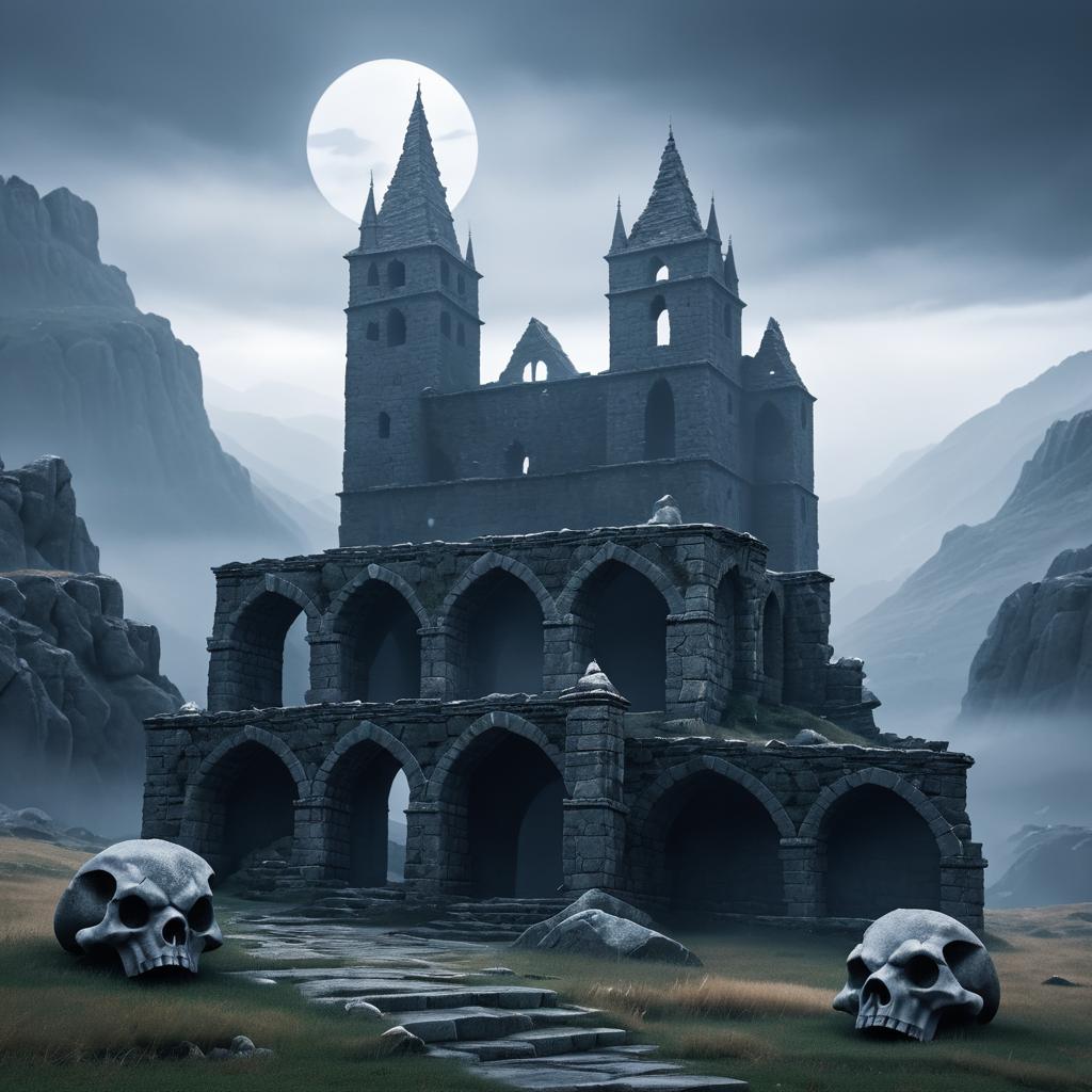 Eerie Ancient Castle with Misty Mountains