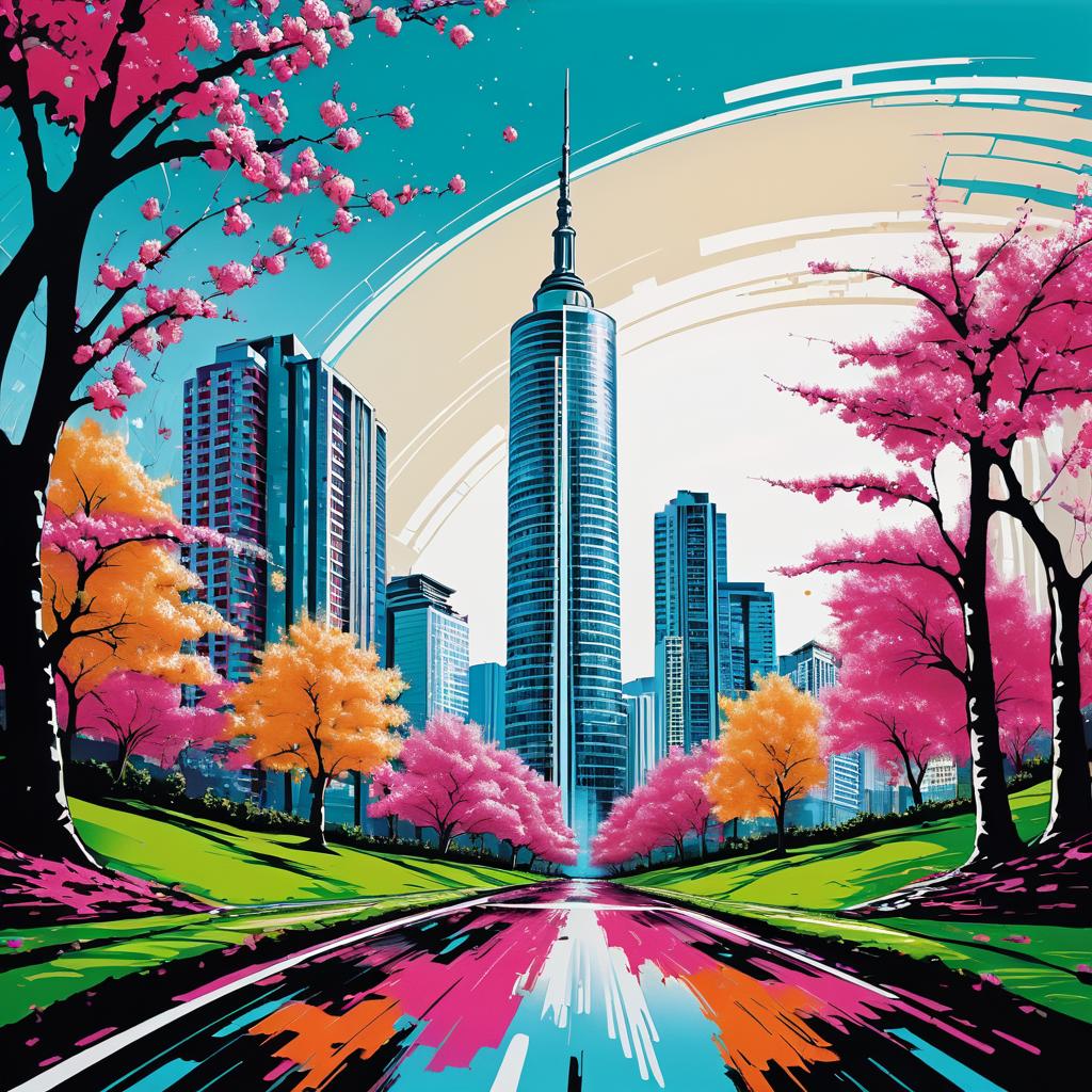 Vibrant Cityscape with Cherry Blossoms