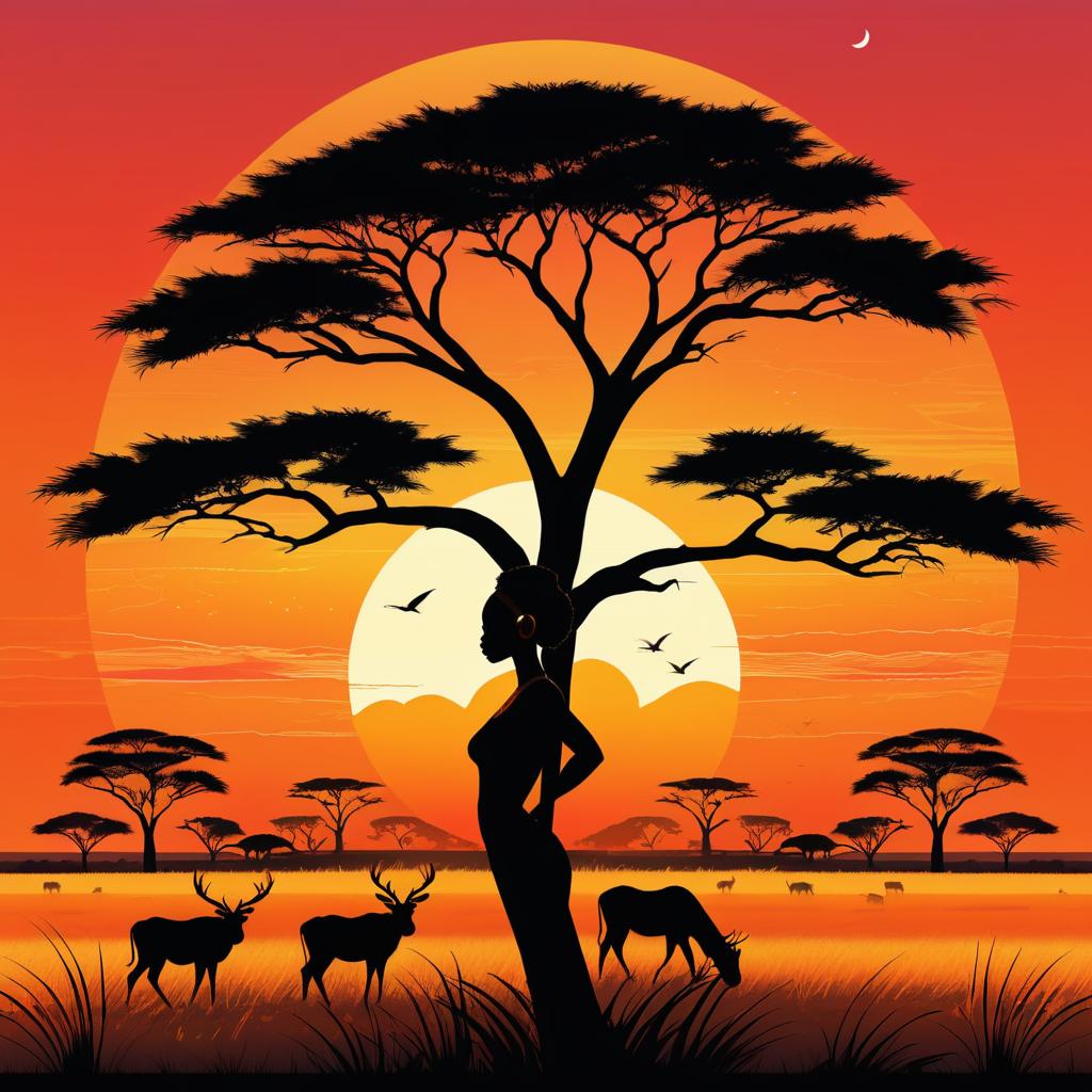 Elegant Black Woman Tree at Sunset