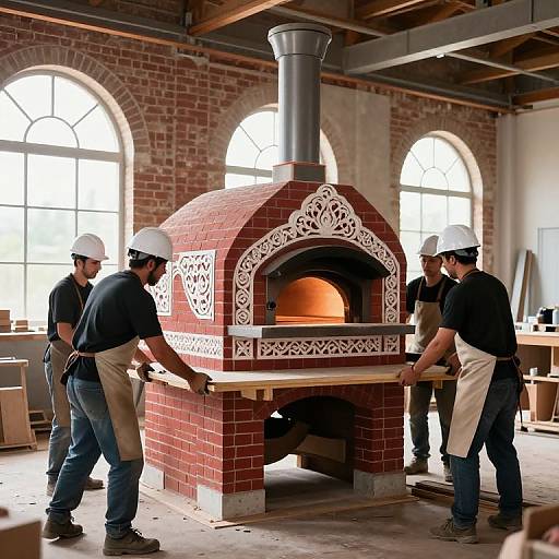Photograph of five male construction workers in white helmets and beige aprons assembling a decorative brick pizza oven in a bright, industrial warehouse with large arched