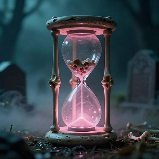 Photograph of a glowing pink hourglass with bones, illuminated against a misty, dark graveyard background with blurred tombstones.