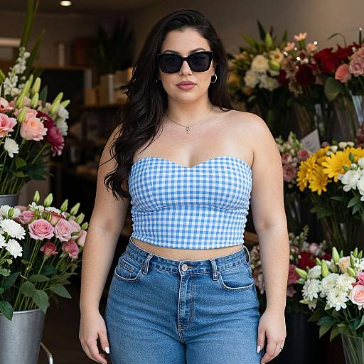 Photograph of a curvy woman with long dark hair, wearing black sunglasses, blue gingham strapless top, and high-waisted jeans,