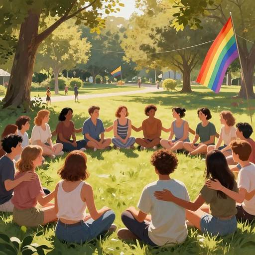 Photograph of diverse group of young adults sitting in a sunlit park, facing a rainbow flag, surrounded by trees and greenery.