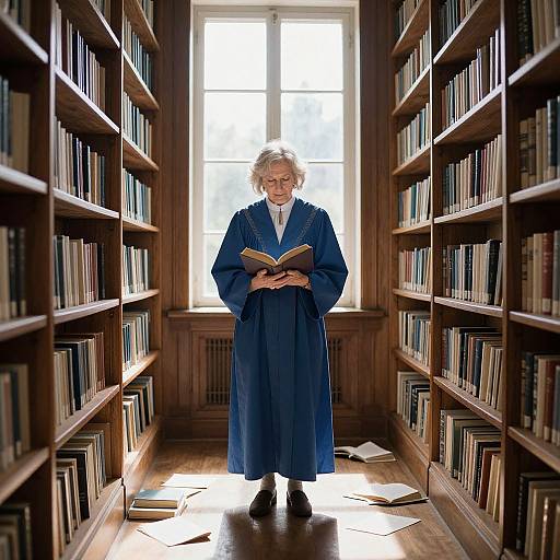 Photograph of an elderly woman with short gray hair in a blue academic robe, reading a book in a sunlit, wooden library aisle. Shelves
