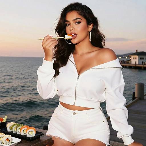 Curvy Woman in Chic Outfit at Sunset Dock