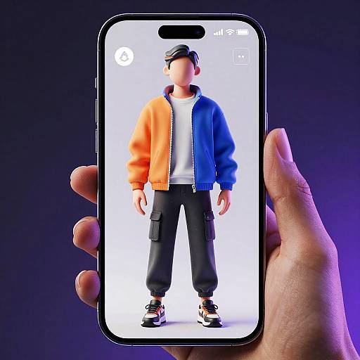 Photograph of a hand holding a smartphone displaying a blurred male figure wearing an orange jacket, blue jacket, black pants, and cap against a white background