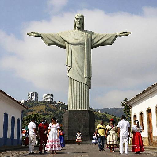 Photograph of a large white Jesus statue with outstretched arms, surrounded by diverse people in colorful traditional clothes, under a partly cloudy sky, in