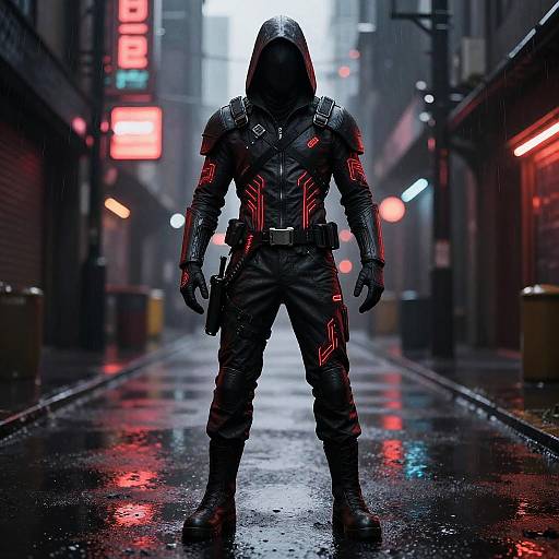 Cyberpunk hooded figure in dark, neon-lit alley with rain-soaked street. Wearing armored suit with red accents, gloves, and