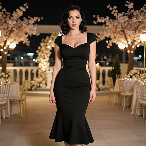 Photograph of a curvy woman with dark hair in a black, off-shoulder, form-fitting gown, standing on a glowing, cherry