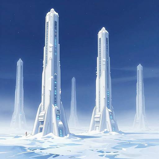 Digital art of futuristic, tall, white, crystalline skyscrapers with blue-lit windows standing in a snowy, starry night landscape.