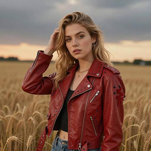 Young Woman in Red Leather Jacket