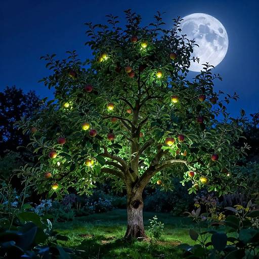Photograph of a glowing apple tree with yellow lights, ripe apples, and a full moon in a dark, starless night sky.