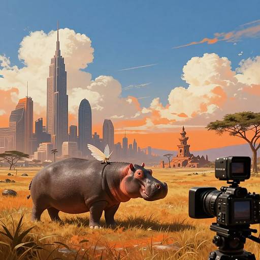 Digital artwork of a hippo with small wings in a grassy savanna, filmed by a camera in front, with a futuristic cityscape and vibrant