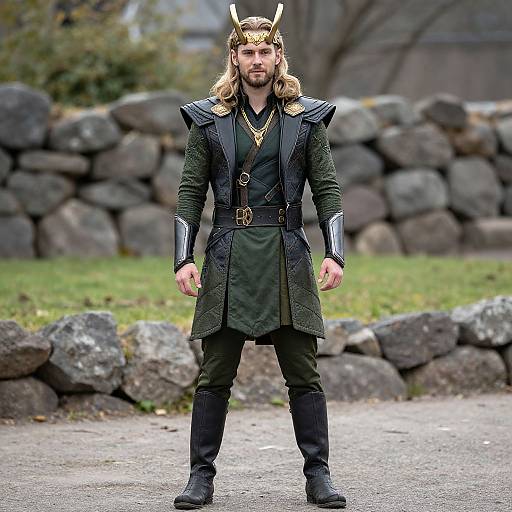 Photograph of a bearded man with long blonde hair wearing a Viking helmet, green tunic, black armor, and belt, standing on a paved