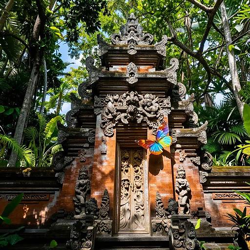 Photograph of an ornate, ancient Balinese temple with intricate stone carvings, vibrant butterfly-shaped decoration, and lush green forest background.