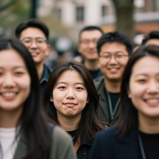 Photograph of a group of smiling Asian young adults with long black hair, wearing dark clothes, standing closely together outdoors. Blurred background with trees and