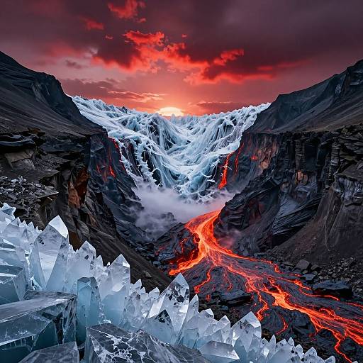 Photograph of a dramatic, icy mountain landscape at sunset with glowing red lava flows, jagged ice crystals in the foreground, and a fiery red-orange