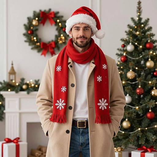 Man in Santa Hat and Festive Winter Outfit