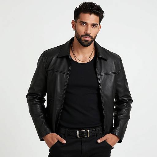 Photograph of a handsome, bearded man with dark hair, wearing a black leather jacket, black shirt, and black pants, hands in pockets,
