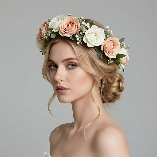 Photograph of a fair-skinned blonde woman with blue eyes, wearing a floral crown of white and peach roses, with a soft, wavy up