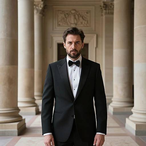 Photograph of a bearded man with dark hair in a black tuxedo with a bow tie, standing in a grand, classical building with tall