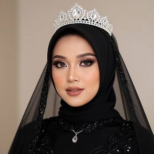 Photograph of a beautiful Asian woman with fair skin, wearing a black hijab, silver tiara, and black sparkling dress, with brown eyes and