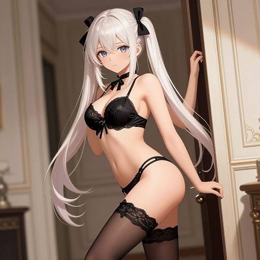 Anime-style digital illustration of a white-haired woman with blue eyes, wearing black lace lingerie, thigh-high stockings, and black ribbons, leaning in a