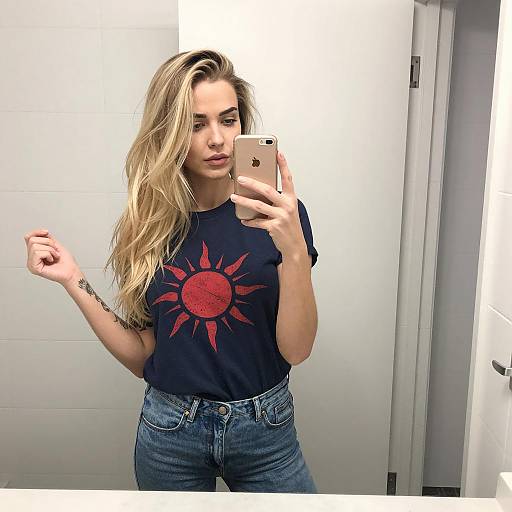 Blonde Woman in Tiled Bathroom Selfie