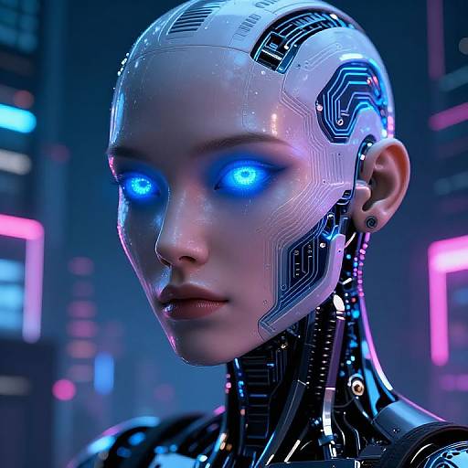 CGI image of a cybernetic woman with glowing blue eyes, sleek metallic head, and black circuitry patterns, set against a neon-lit