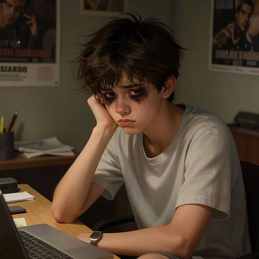Photograph of a young boy with messy dark hair, wearing a white t-shirt, deeply focused on a laptop, in a dimly lit room with