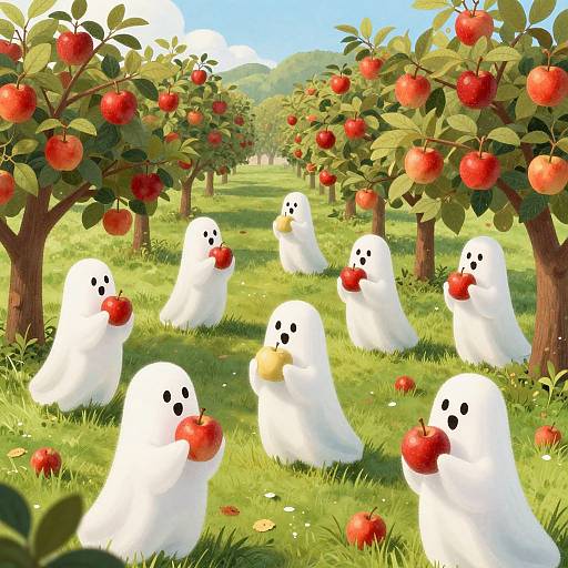Whimsical CGI image of seven white ghost-like creatures with black eyes and red apples, sitting in a sunlit apple orchard.