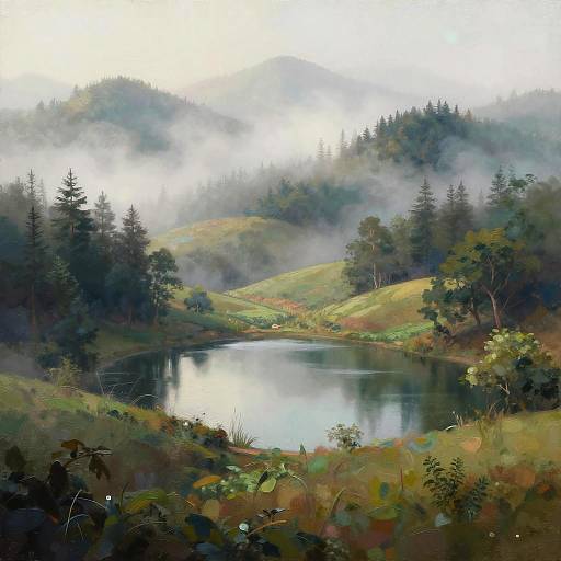Misty Lake Among Rolling Forest Hills