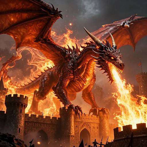 Digital artwork of a fierce, red-orange dragon with massive wings and sharp spikes, roaring above a burning medieval castle. Flames illuminate the dark, stormy
