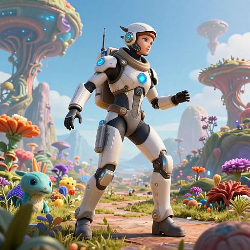 CGI image of a futuristic astronaut in white armor with glowing blue accents, standing in a vibrant, flower-filled alien landscape with colorful, mushroom-like structures
