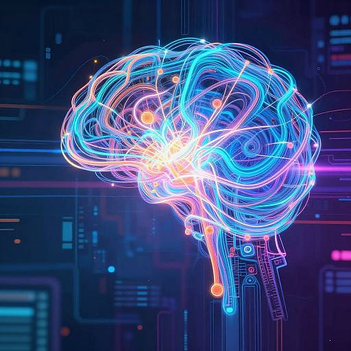 Digital art of a glowing, neon blue and white human brain with swirling lines, set against a dark, futuristic, circuit-like background.