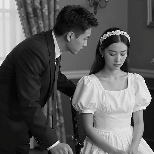 Black and white portrait of a couple indoors