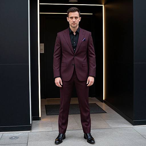 Photograph of a handsome, serious-looking man in a dark burgundy suit, black shirt, and black shoes, standing in front of a modern,
