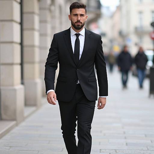 Photograph of a handsome, bearded man in a black suit, white shirt, and black tie walking confidently down a city street. Blurred background